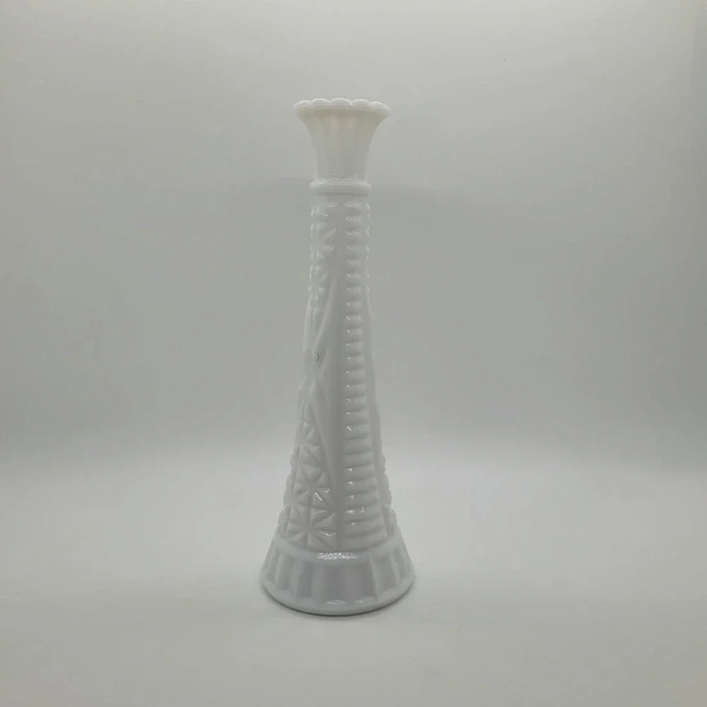 Vintage Milk Glass Bud Vase Scalloped Rim Geometric Starburst Pattern 9 Inch
